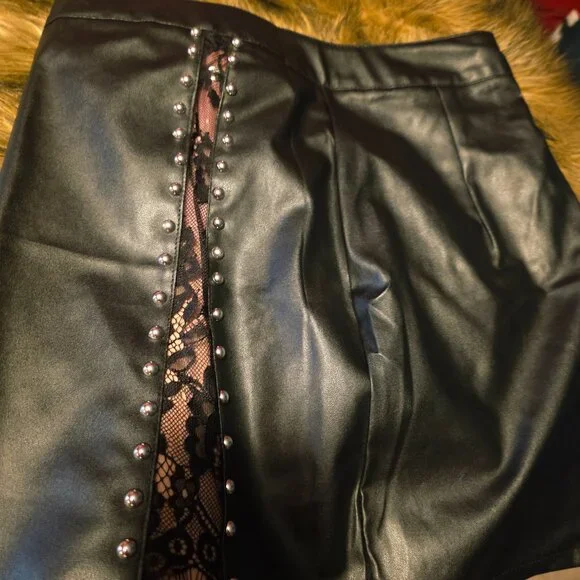 Womens Black Faux Leather Mini Skirt Featuring a striking Lace Panel - Picture 1 of 2